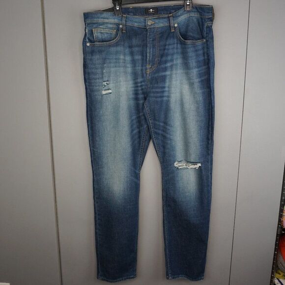 7 For All Mankind Men's Adrien Distressed Slim Tapered Leg Jeans size 38 x 33 - Picture 2 of 15